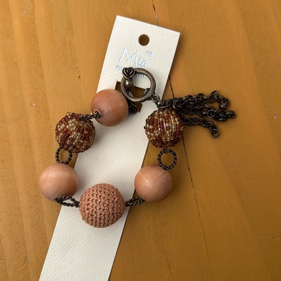 Mia Collection Wooden Knit Sead Bead Chunky Ball Dangle Neutral Brown Bracelet - Picture 3 of 3